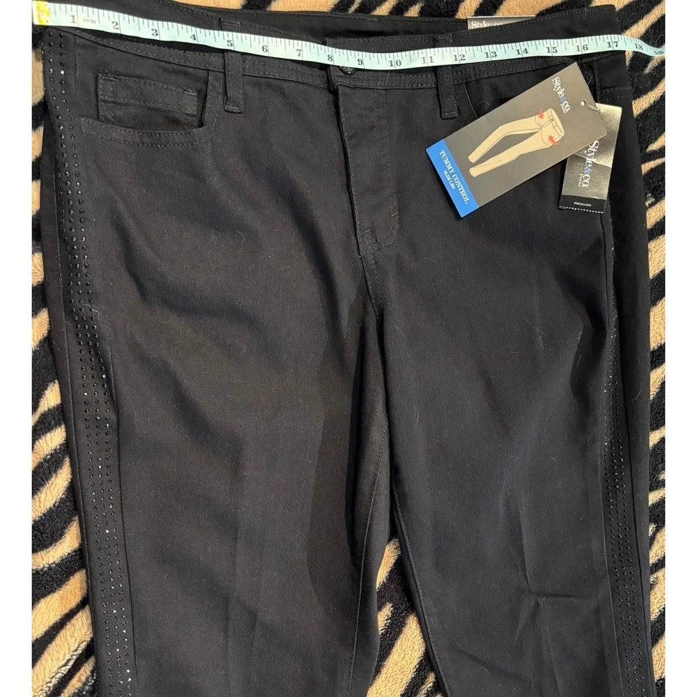 Style & Co Petite‎ Tummy Control Slim Leg Pants Black Embellished Rhinestone 12P